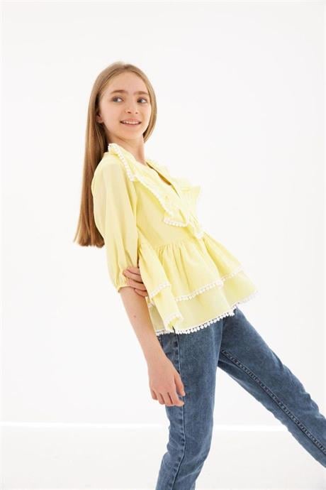 Kız Çocuk Brode Detaylı Kat Kat Gömlek Kot Tayt 2'li Takım Sarı 6 Yaş