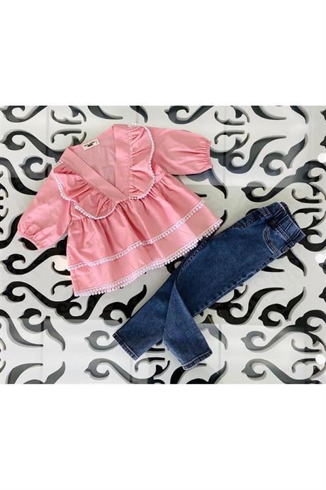 Kız Çocuk Brode Detaylı Kat Kat Gömlek Kot Tayt 2'li Takım Pembe 8 Yaş