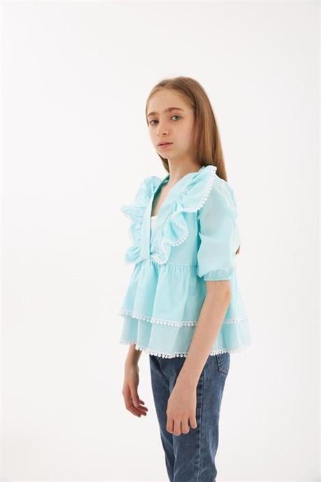 Kız Çocuk Brode Detaylı Kat Kat Gömlek Kot Tayt 2'li Takım Mavi 10 Yaş