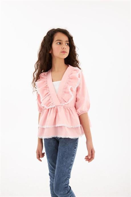 Kız Çocuk Brode Detaylı Kat Kat Gömlek Kot Tayt 2'li Takım Pembe 14 Yaş