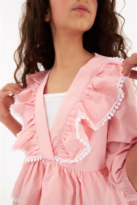 Kız Çocuk Brode Detaylı Kat Kat Gömlek Kot Tayt 2'li Takım Pembe 12 Yaş