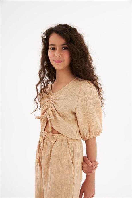 Kız Çocuk Büzgü Detaylı Bluz Beli Lastikli Harem Pantolon 2'li Takım Krem 10 Yaş