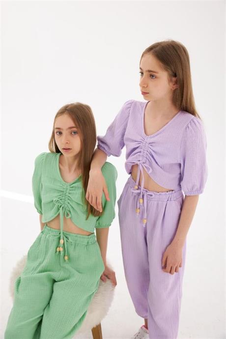 Kız Çocuk Büzgü Detaylı Bluz Beli Lastikli Harem Pantolon 2'li Takım Yeşil 10 Yaş