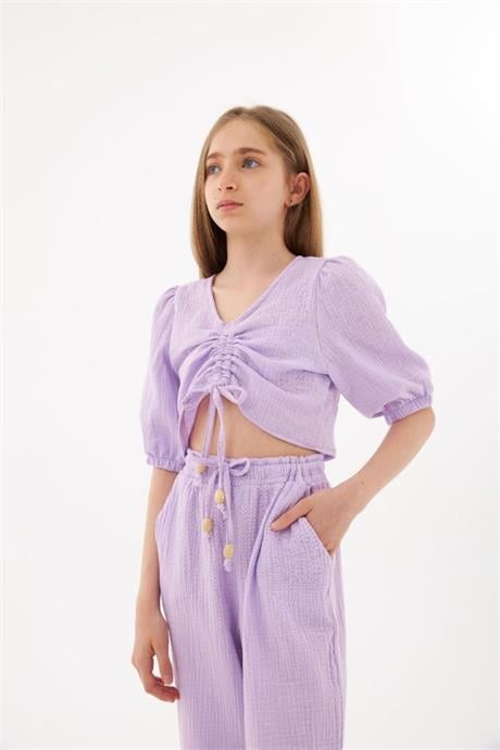 Kız Çocuk Büzgü Detaylı Bluz Beli Lastikli Harem Pantolon 2'li Takım Lila 8 Yaş
