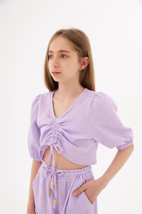 Kız Çocuk Büzgü Detaylı Bluz Beli Lastikli Harem Pantolon 2'li Takım Lila 4 Yaş
