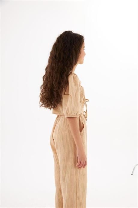 Kız Çocuk Büzgü Detaylı Bluz Beli Lastikli Harem Pantolon 2'li Takım Krem 10 Yaş