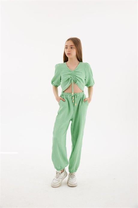 Kız Çocuk Büzgü Detaylı Bluz Beli Lastikli Harem Pantolon 2'li Takım Yeşil 12 Yaş