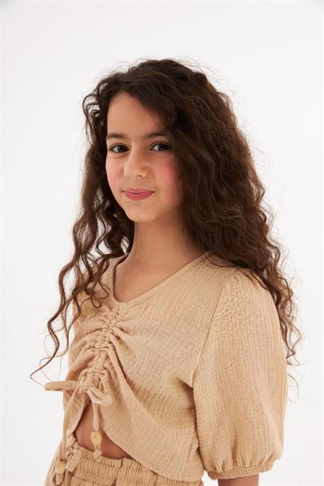 Kız Çocuk Büzgü Detaylı Bluz Beli Lastikli Harem Pantolon 2'li Takım Krem 6 Yaş