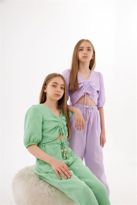 Kız Çocuk Büzgü Detaylı Bluz Beli Lastikli Harem Pantolon 2'li Takım Yeşil 12 Yaş