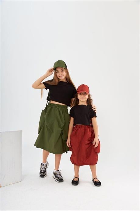 Kız Çocuk Büzgülü Etek Bağcıklı Tişört Şapka Üçlü Takım TURUNCU 12 Yaş