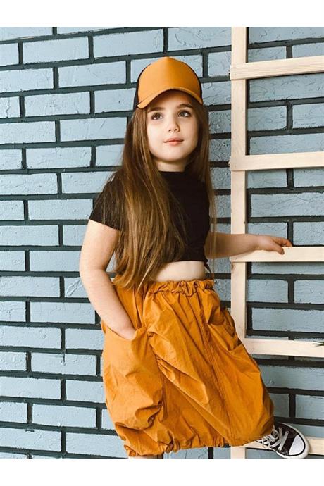 Kız Çocuk Büzgülü Etek Bağcıklı Tişört Şapka Üçlü Takım SARI 14 Yaş