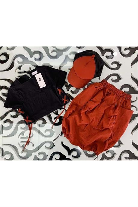 Kız Çocuk Büzgülü Etek Bağcıklı Tişört Şapka Üçlü Takım TURUNCU 14 Yaş