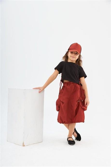 Kız Çocuk Büzgülü Etek Bağcıklı Tişört Şapka Üçlü Takım TURUNCU 8 Yaş