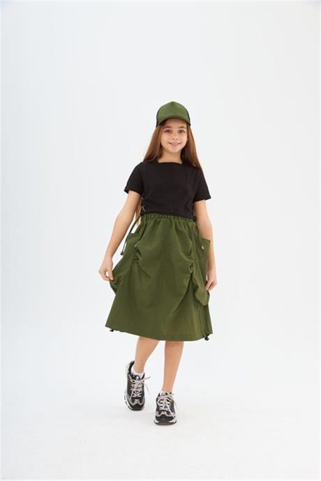 Kız Çocuk Büzgülü Etek Bağcıklı Tişört Şapka Üçlü Takım YEŞİL 14 Yaş