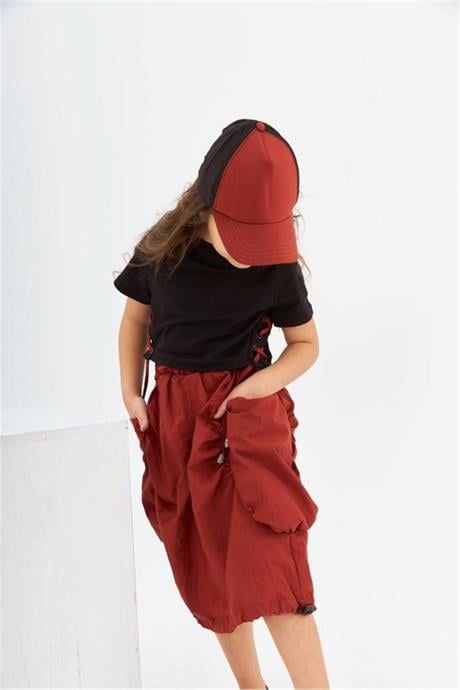 Kız Çocuk Büzgülü Etek Bağcıklı Tişört Şapka Üçlü Takım TURUNCU 12 Yaş