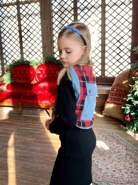 Kız Çocuk Cepkenli Hardal Kot Yelek Siyah Triko Elbise Sırt Çantası 3'lü Takım KIRMIZI 6 Yaş