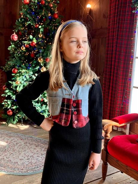 Kız Çocuk Cepkenli Hardal Kot Yelek Siyah Triko Elbise Sırt Çantası 3'lü Takım KIRMIZI 8 Yaş