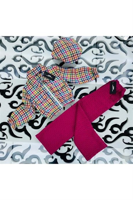 Kız Çocuk Chanel Kumaş Crop Ceket Geniş Paça Pantolon Şapka 3'lü Takım Pembe 4 Yaş