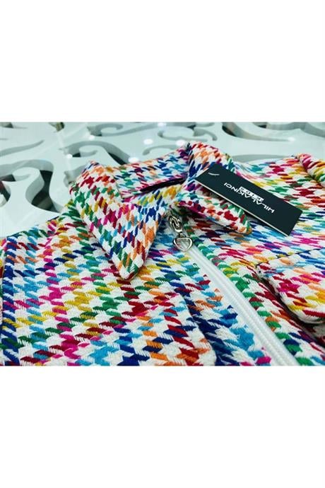 Kız Çocuk Chanel Kumaş Crop Ceket Geniş Paça Pantolon Şapka 3'lü Takım Pembe 10 Yaş