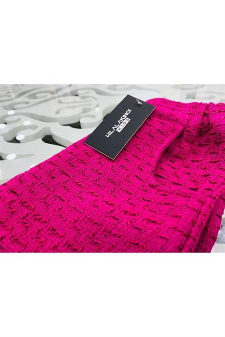 Kız Çocuk Chanel Kumaş Crop Ceket Geniş Paça Pantolon Şapka 3'lü Takım Pembe 10 Yaş