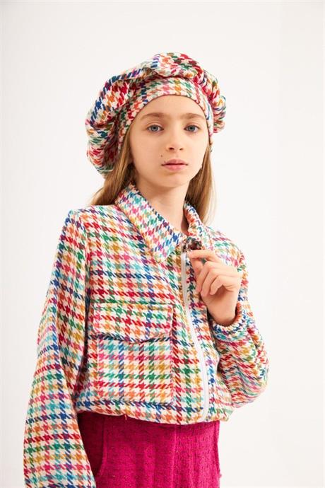 Kız Çocuk Chanel Kumaş Crop Ceket Geniş Paça Pantolon Şapka 3'lü Takım Pembe 6 Yaş