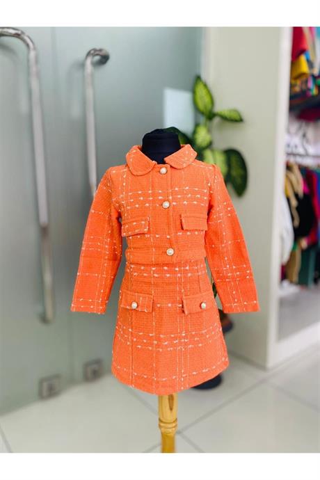 Kız Çocuk Chanel Kumaş Gold Düğmeli Crop Ceket Süs Cep Detaylı Etek 2'li Takım Turuncu 12 Yaş