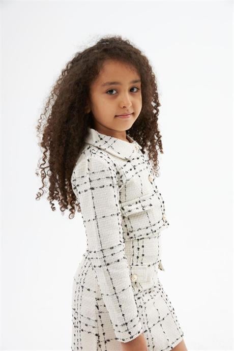 Kız Çocuk Chanel Kumaş Gold Düğmeli Crop Ceket Süs Cep Detaylı Etek 2'li Takım Beyaz 14 Yaş