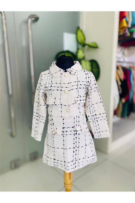 Kız Çocuk Chanel Kumaş Gold Düğmeli Crop Ceket Süs Cep Detaylı Etek 2'li Takım Beyaz 4 Yaş