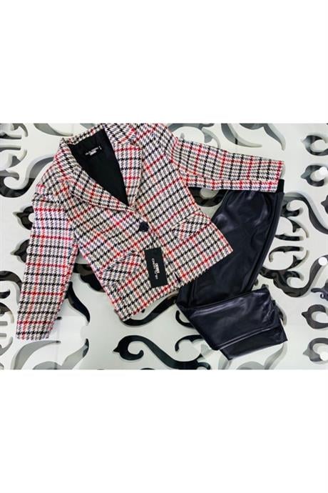 Kız Çocuk Chanel Kumaş Gold Düğmeli Crop Ceket Süs Cep Detaylı Etek 2'li Takım KIRMIZI 8 Yaş