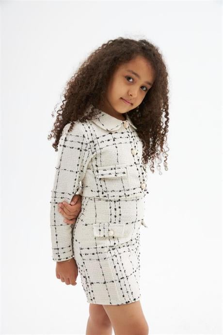 Kız Çocuk Chanel Kumaş Gold Düğmeli Crop Ceket Süs Cep Detaylı Etek 2'li Takım Beyaz 10 Yaş