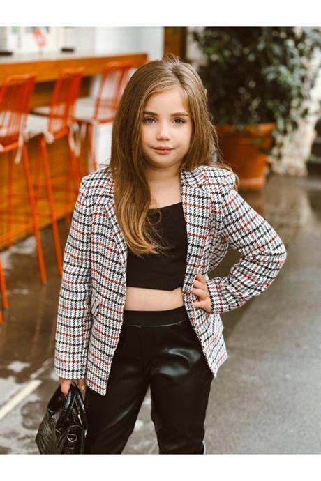 Kız Çocuk Chanel Kumaş Gold Düğmeli Crop Ceket Süs Cep Detaylı Etek 2'li Takım KIRMIZI 8 Yaş