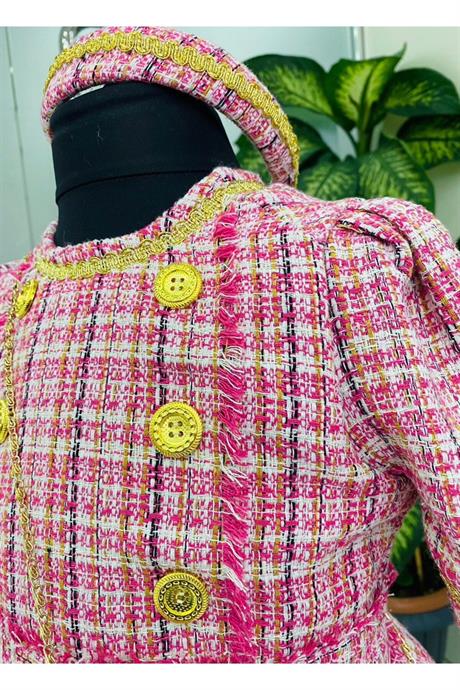 Kız Çocuk Chanel Kumaş Gold Düğmeli Etek Içi Astarlı Tütülü Elbise Çanta Saç Tacı 3'lü Takım Pembe 4 Yaş