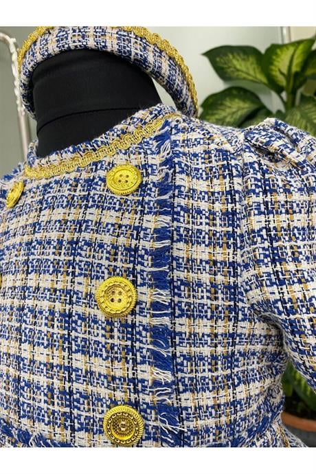 Kız Çocuk Chanel Kumaş Gold Düğmeli Etek Içi Astarlı Tütülü Elbise Çanta Saç Tacı 3'lü Takım Saks 8 Yaş