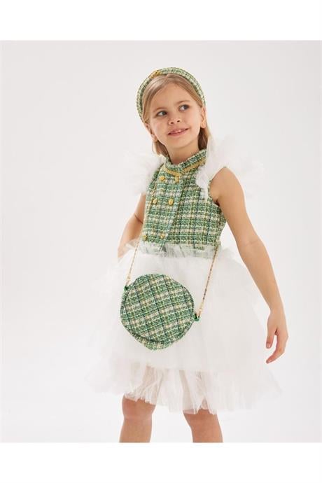 Kız Çocuk Chanel Kumaş Tütü Etek Ve Tütü Kollu Kabarık Elbise Saç Tacı Çanta 3'lü Takım Yeşil 5 Yaş