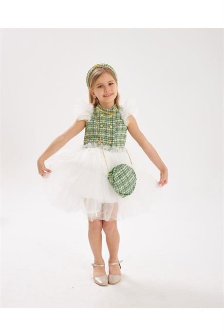 Kız Çocuk Chanel Kumaş Tütü Etek Ve Tütü Kollu Kabarık Elbise Saç Tacı Çanta 3'lü Takım Yeşil 5 Yaş