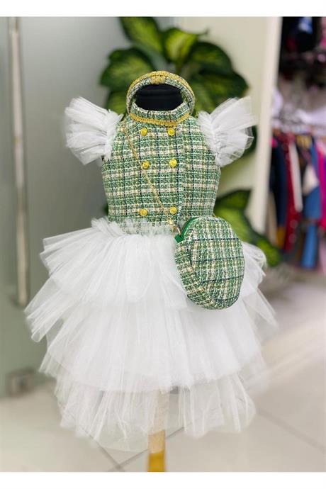 Kız Çocuk Chanel Kumaş Tütü Etek Ve Tütü Kollu Kabarık Elbise Saç Tacı Çanta 3'lü Takım Yeşil 3 Yaş