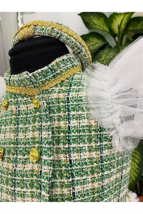 Kız Çocuk Chanel Kumaş Tütü Etek Ve Tütü Kollu Kabarık Elbise Saç Tacı Çanta 3'lü Takım Yeşil 7 Yaş