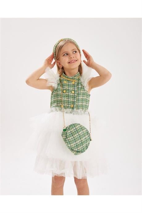 Kız Çocuk Chanel Kumaş Tütü Etek Ve Tütü Kollu Kabarık Elbise Saç Tacı Çanta 3'lü Takım Yeşil 3 Yaş