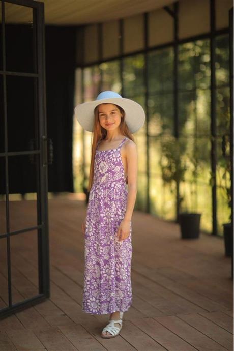 Kız Çocuk Çiçek Desenli Sırt Dekolteli Lila Pamuk Viskon Elbise LİLA 6 Yaş