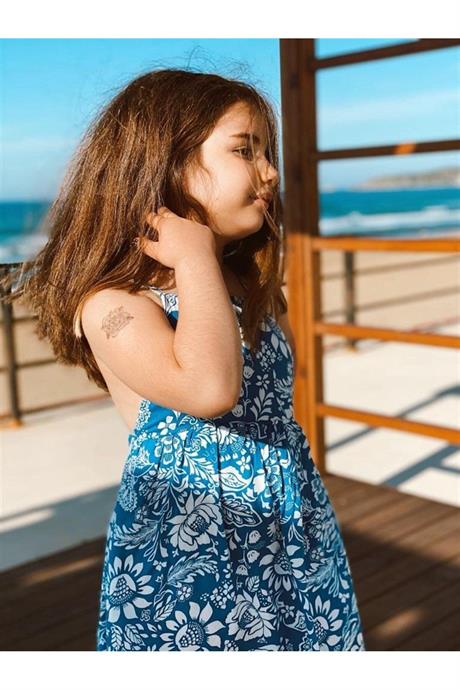 Kız Çocuk Çiçek Desenli Sırt Dekolteli Lila Pamuk Viskon Elbise MAVİ 8 Yaş