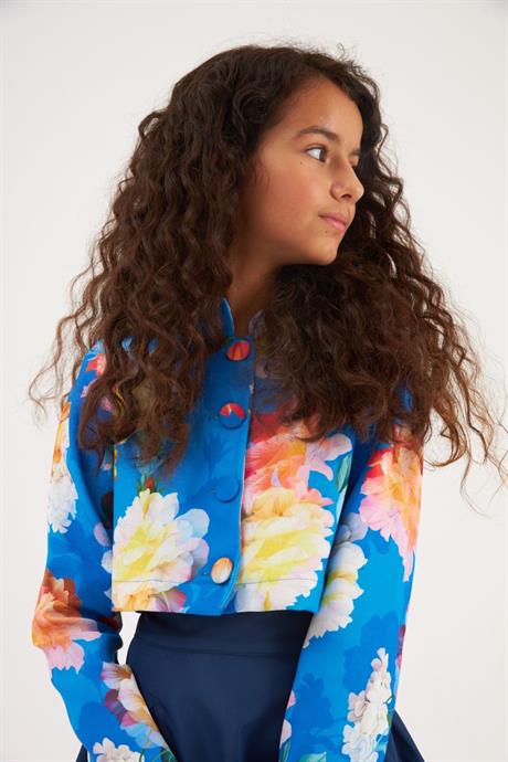 Kız Çocuk Çiçek Desenli Vatkalı Crop Ceket Tasarım Pens Detaylı Etek 2'li Takım Lacivert 8 Yaş