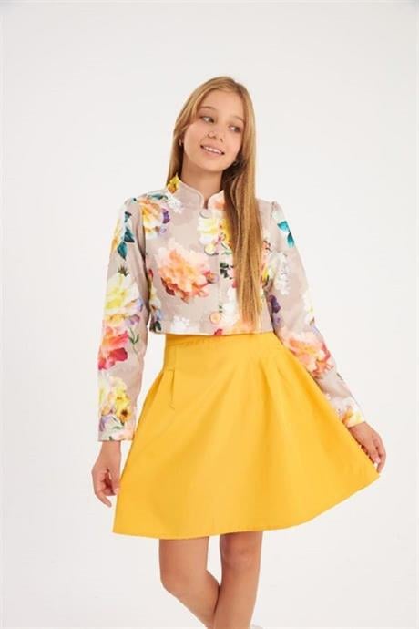 Kız Çocuk Çiçek Desenli Vatkalı Crop Ceket Tasarım Pens Detaylı Etek 2'li Takım Sarı 12 Yaş