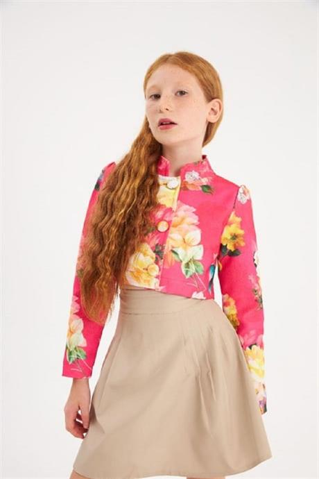 Kız Çocuk Çiçek Desenli Vatkalı Crop Ceket Tasarım Pens Detaylı Etek 2'li Takım Pembe 6 Yaş