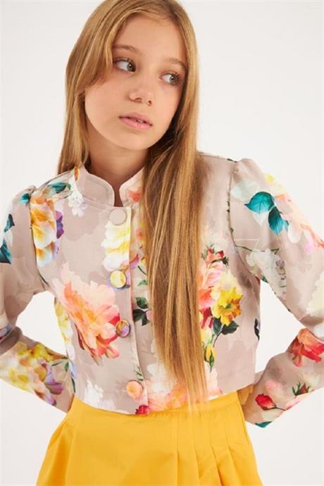 Kız Çocuk Çiçek Desenli Vatkalı Crop Ceket Tasarım Pens Detaylı Etek 2'li Takım Sarı 6 Yaş