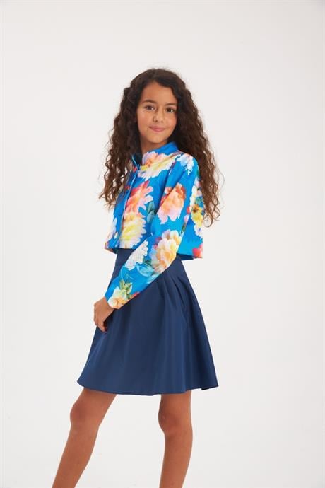 Kız Çocuk Çiçek Desenli Vatkalı Crop Ceket Tasarım Pens Detaylı Etek 2'li Takım Lacivert 4 Yaş