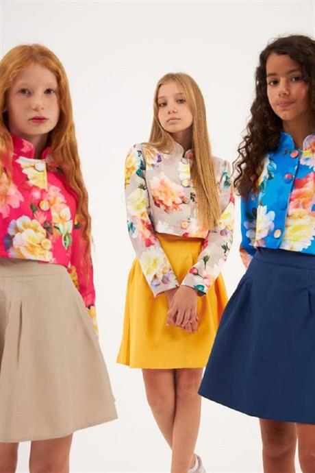 Kız Çocuk Çiçek Desenli Vatkalı Crop Ceket Tasarım Pens Detaylı Etek 2'li Takım Sarı 6 Yaş