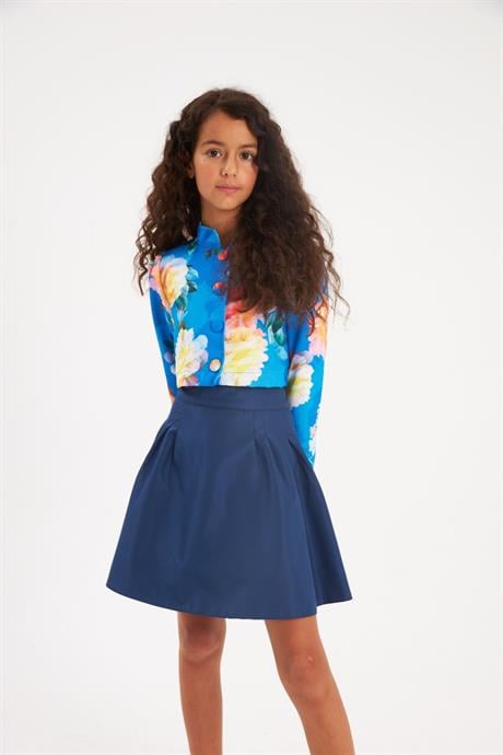 Kız Çocuk Çiçek Desenli Vatkalı Crop Ceket Tasarım Pens Detaylı Etek 2'li Takım Lacivert 14 Yaş