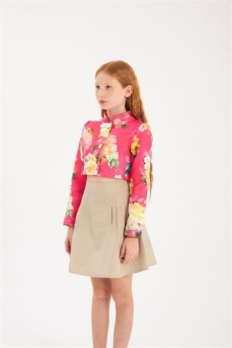 Kız Çocuk Çiçek Desenli Vatkalı Crop Ceket Tasarım Pens Detaylı Etek 2'li Takım Pembe 12 Yaş
