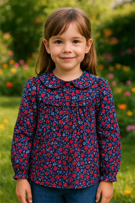 Kız Çocuk Çiçekli Uzun Kollu Gömlek Bordo 10 Yaş