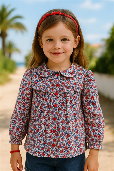 Kız Çocuk Çiçekli Uzun Kollu Gömlek Lacivert 14 Yaş